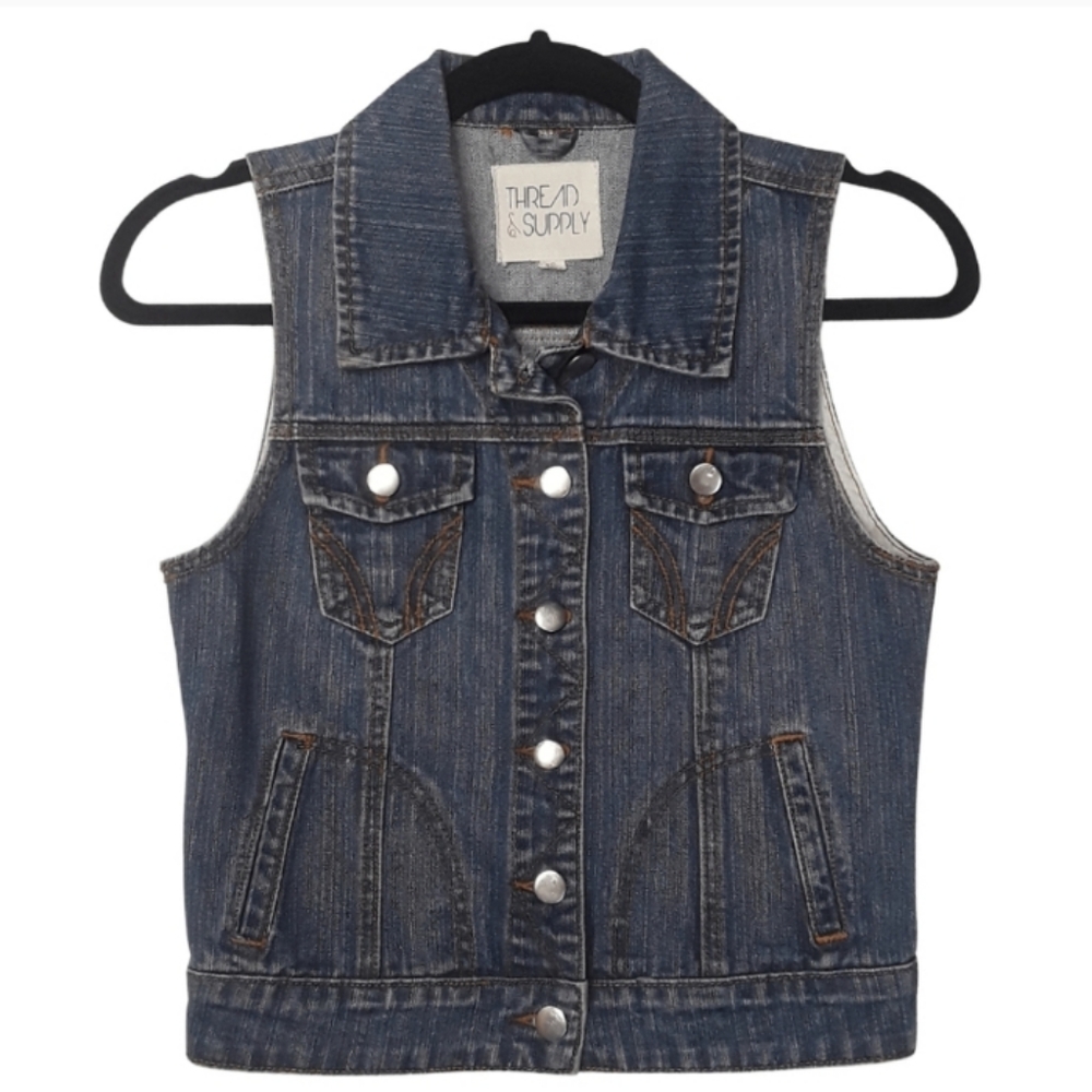 THREAD & SUPPLY Medium Dark Wash Denim Button Up Sleeveless Jean Vest Small